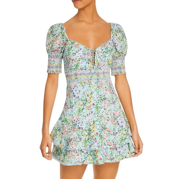 Alice + Olivia Crawford Floral Print Puff Sleeve Sweetheart Neck Mini Dress - 0 - Picture 2 of 16